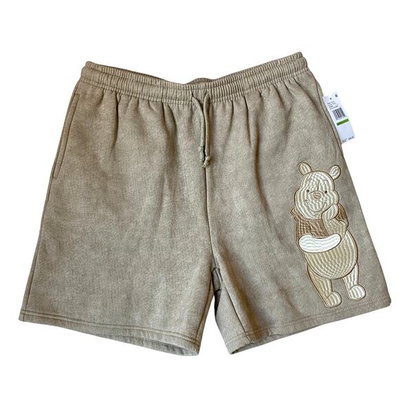 Disney Embroidered Winnie The Pooh Sweat Shorts Women L Taupe Elastic Waist NWT - Picture 1 of 11